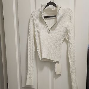 Commense White Cable-Knit Half-Zip Sweater